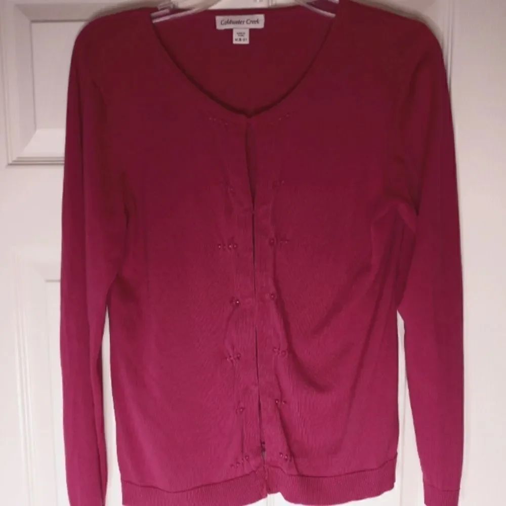 Coldwater Creek M(10-12)Pink SILK Sweater Cardigan Ltweight Beaded Hook Closure.